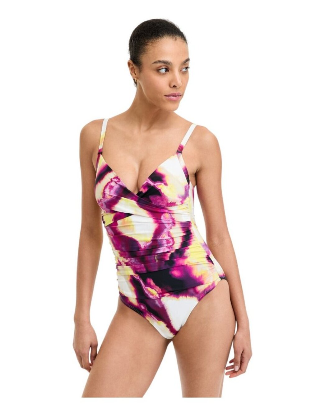 NWT DKNY Womens Crossover Ruched One-Piece Swimsuit Vertical Wave Purple Multi M